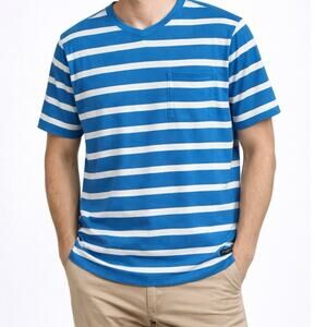 Good Man Brand Striped Cotton Pocket Tee Blue White Short Sleeve L casual